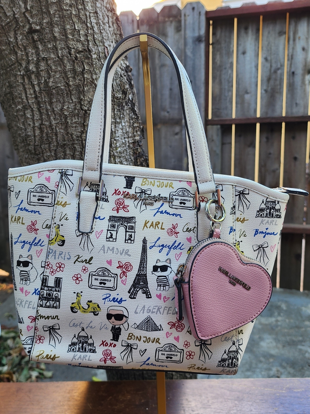 Karl Lagerfeld Paris Adele Large Tote Bag White Parisian Doodle Heart Pouch